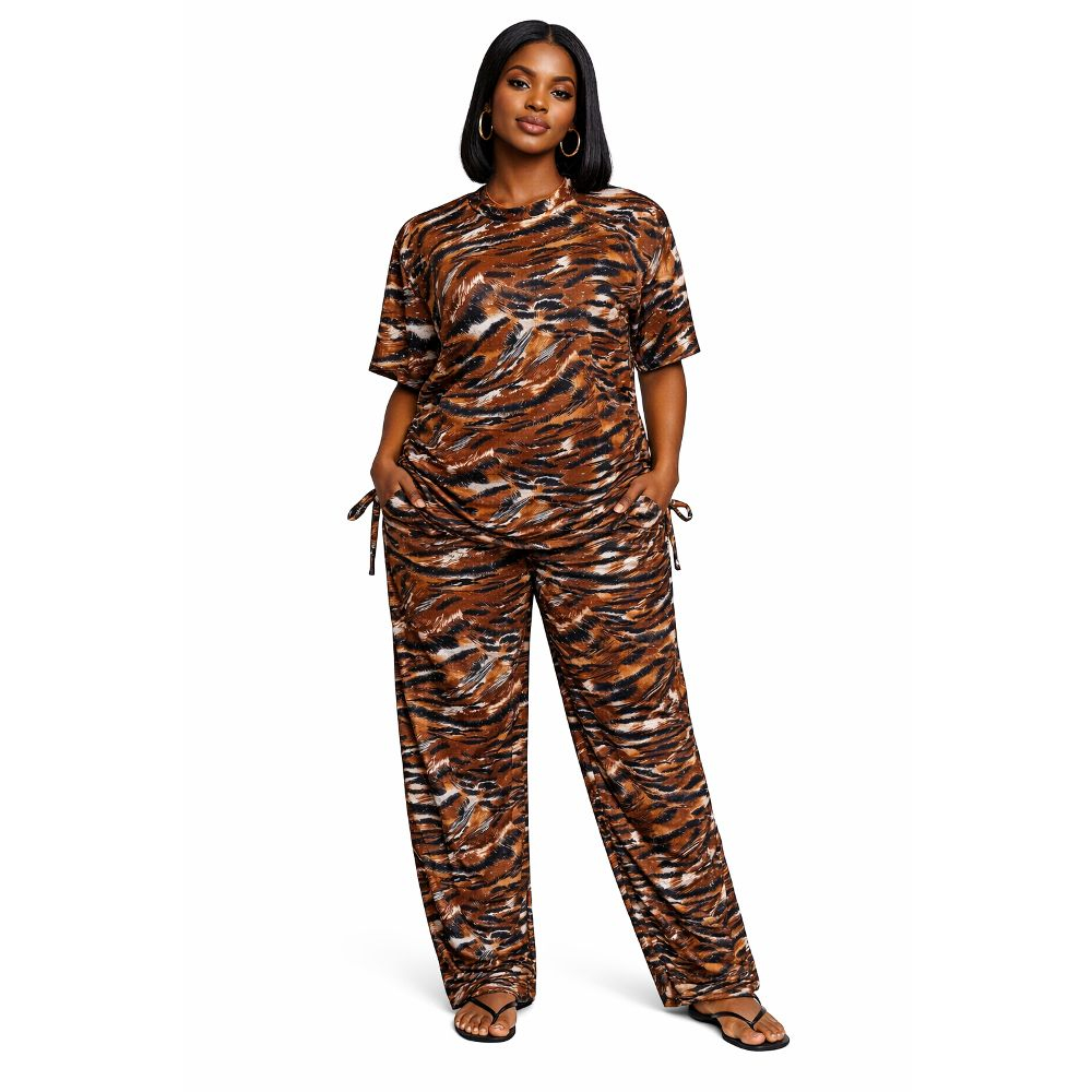 Womens Tiger Print Two Piece Tunic and Trouser Set with Side Tie Details